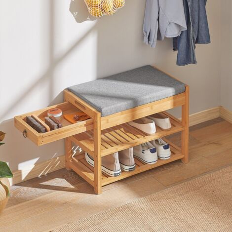 Banc à Chaussures Avec Rangement Fermé 2 Niveaux - Bambou, Assise Rembourrée, Charge 70 Kg, 70 X 32 X 42 Cm