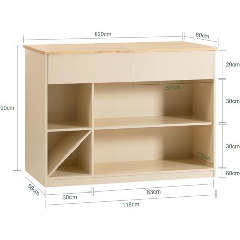SoBuy KNL04-MI îlot Central de Cuisine, Placard de Cuisine, Buffet de Rangement, Armoire de Cuisine Multi-rangements avec 1 Plan de Travail, 2 Tiroirs et Compartiments Ouverts – 120x60x90 cm