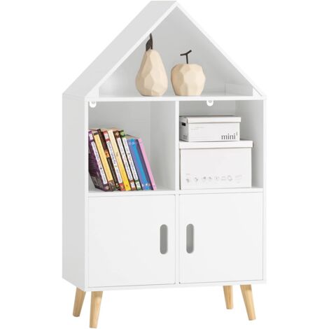 Sobuy – Bibliothèque enfant KMB58W – Étagère de rangement pour livres et jouets – MDF E1 et bois de pin – Dimensions 63x30x103 cm – 2 compartiments et 2 portes (1/5)