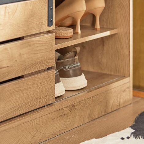 Armoire à Chaussures 5 Niveaux Avec Portes De Grange - Style Rustique Chêne, Étagères Réglables, Pour Entrée Ou Couloir