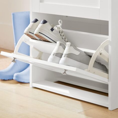 SoBuy FSR144-WN Meuble à Chaussures à 3 Abattants Meuble de Rangement à Chaussures Armoire à Chaussures Commode à Chaussures Meuble d'Entrée Coffre de Rangement avec 2 Crochets