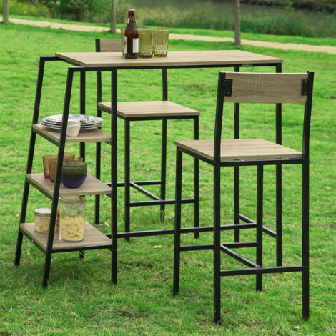 Set de 1 Table + 2 Chaises Ensemble Table de Bar Bistrot + 2 Tabourets de Bar avec Repose-Pieds Table Haute Cuisine Mange-Debout avec 3 Étagères Latéraux OGT16-N SoBuy®