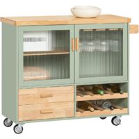 Sobuy – Desserte de cuisine sur roulettes FKW114GR – Îlot central avec plateau en bois d'hévéa – 2 portes, 2 tiroirs, porte-bouteilles 2 niveaux – Vert