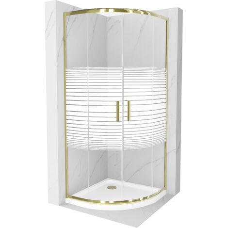 Cabine de douche Mexen Rio demi-ronde 80 x 80 cm, rayures, doré + receveur Flat, blanc - 863-080-080-50-20-4110G