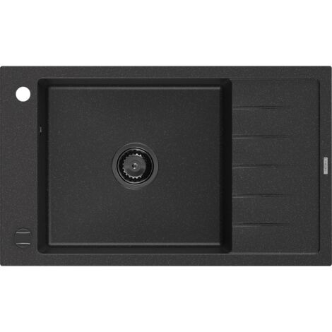 Mexen Elias évier en granit à 1 cuve avec égouttoir 795 x 480 mm, Noir/ Argent métallique, siphon Noir - 6511791005-73-B (1/5)