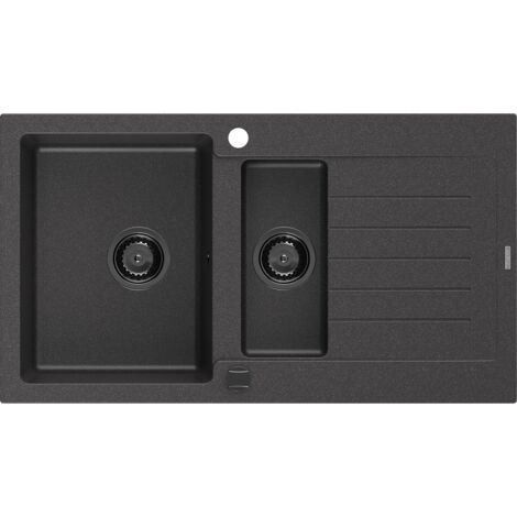 Mexen Matias évier en granit à 1,5 cuvette avec égouttoir 900 x 505 mm, Noir moucheté, siphon Noir - 6502901505-76-B (1/5)