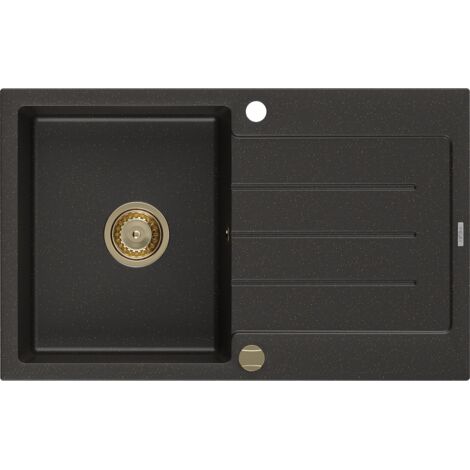 Mexen Bruno évier en granit à 1 cuve avec égouttoir 795 x 495 mm, Noir/Or métallique, siphon Or - 6513791010-75-G (1/5)