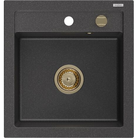 Mexen Vito évier en granit à 1 cuve 520 x 490 mm, Noir moucheté, siphon Or - 6503521000-76-G (1/5)