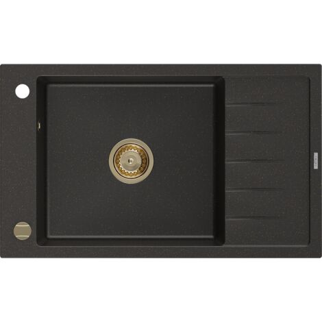 Mexen Elias évier en granit à 1 cuve avec égouttoir 795 x 480 mm, Noir/Or métallique, siphon Or - 6511791005-75-G (1/5)
