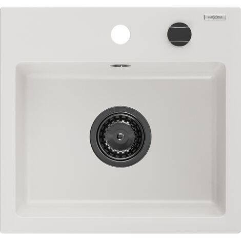 Mexen Milo évier en granit à 1 cuve 435 x 410 mm, Blanc, siphon Noir - 6505441000-20-B (1/5)