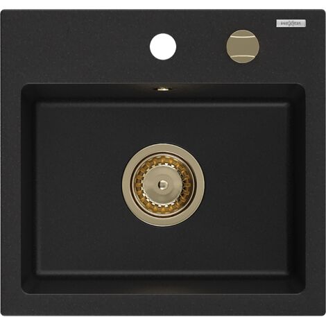 Mexen Milo évier en granit à 1 cuve 435 x 410 mm, Noir, siphon Or - 6505441000-77-G (1/5)