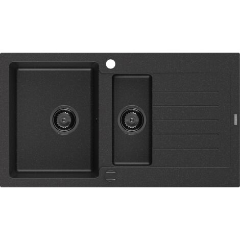 Mexen Matias évier en granit à 1,5 cuvette avec égouttoir 900 x 505 mm Noir/ Argent métallique, siphon Noir - 6502901505-73-B (1/5)