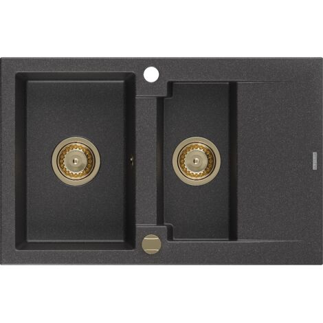 Mexen Gaspar évier en granit à 1,5 cuvette avec égouttoir 737 x 475 mm, Noir moucheté, siphon Or - 6507731505-76-G (1/5)