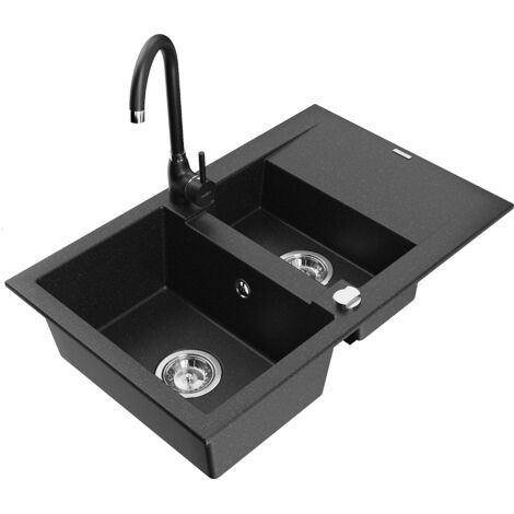 Mexen Gaspar évier en granit 1,5 bac avec égouttoir et robinet de cuisine Telma, noir/argent - 6507-73-670200-70 (1/5)
