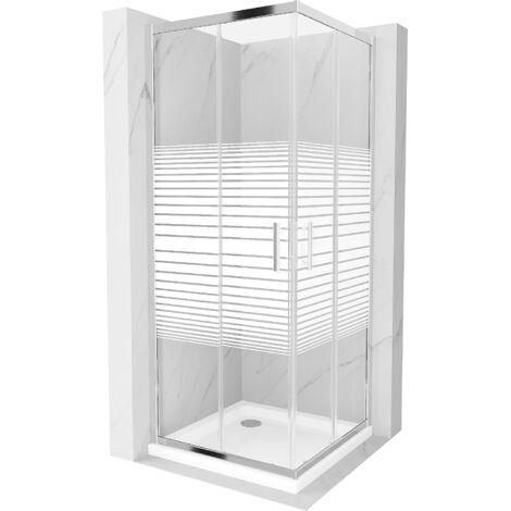Cabine de douche carrée Mexen Rio 90 x 90 cm, rayures, chrome + receveur Plat, blanc - 860-090-090-01-20-4010