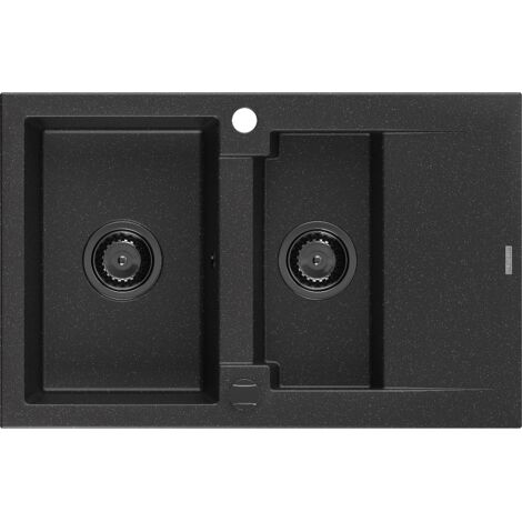 Mexen Gaspar évier en granit à 1,5 cuvette avec égouttoir 737 x 475 mm Noir/ Argent métallique, siphon Noir - 6507731505-73-B (1/5)