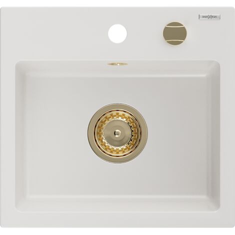 Mexen Milo évier en granit à 1 cuve 435 x 410 mm, Blanc, siphon Or - 6505441000-20-G (1/5)