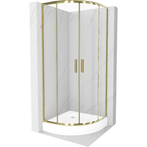 Cabine de douche Mexen Rio en demi-cercle 90 x 90 cm, transparente, dorée + bac de douche Rio, blanc - 863-090-090-50-00-4710