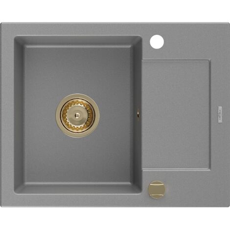 Mexen Enzo évier en granit à 1 cuve avec égouttoir 576 x 465 mm, Gris, siphon Or - 6506571005-71-G (1/5)