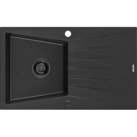 Mexen Cesar évier en granit à 1 cuve avec égouttoir 775 x 470 mm, Noir/ Argent métallique, siphon Noir - 6514771010-73-B (1/5)