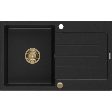Mexen Bruno évier en granit à 1 cuve avec égouttoir 795 x 495 mm, Noir, siphon Or - 6513791010-77-G (1/5)