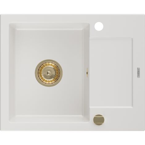 Mexen Enzo évier en granit à 1 cuve avec égouttoir 576 x 465 mm, Blanc, siphon Or - 6506571005-20-G (1/5)