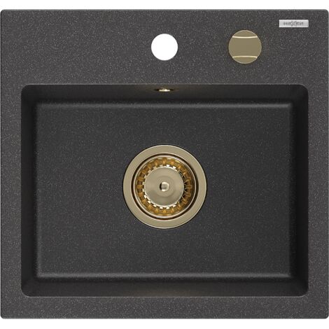 Mexen Milo évier en granit à 1 cuve 435 x 410 mm, Noir moucheté, siphon Or - 6505441000-76-G (1/5)