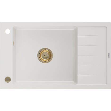 Mexen Elias évier en granit à 1 cuve avec égouttoir 795 x 480 mm, Blanc, siphon Or - 6511791005-20-G