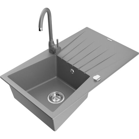 Mexen Cesar évier en granit 1 bac avec égouttoir et robinet de cuisine Telma, gris - 6514-71-670200-71 (1/5)
