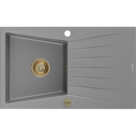 Mexen Cesar évier en granit à 1 cuve avec égouttoir 775 x 470 mm, Gris, siphon Or - 6514771010-71-G (1/5)