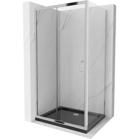Mexen Apia cabine de douche coulissante 90 x 70 cm, transparent, chromé + receveur Flat, noir - 840-090-070-01-00-4070