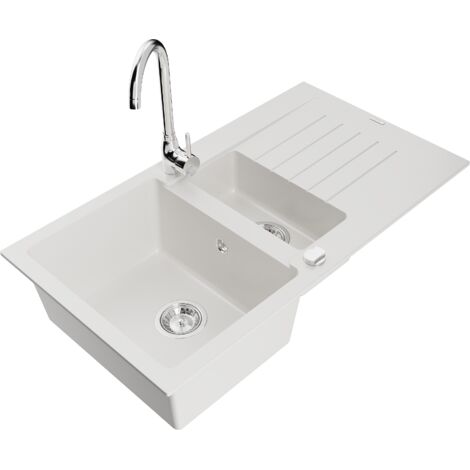 Mexen Matias évier en granit 1,5 bacs avec égouttoir et robinet de cuisine Telma, blanc - 6502-20-670200-00