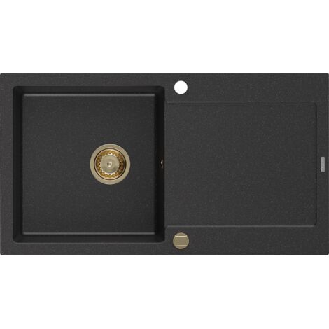 Mexen Leo évier en granit à 1 cuve avec égouttoir 900 x 500 mm, Noir/ Argent métallique, siphon Or - 6501901010-73-G (1/5)
