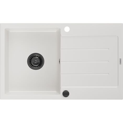 Mexen Bruno évier en granit à 1 cuve avec égouttoir 795 x 495 mm, Blanc, siphon Noir - 6513791010-20-B (1/5)