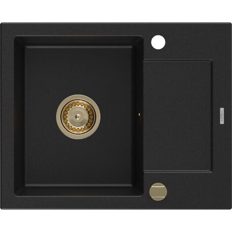Mexen Enzo évier en granit à 1 cuve avec égouttoir 576 x 465 mm, Noir, siphon Or - 6506571005-77-G (1/5)