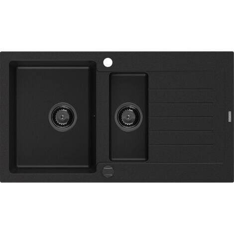 Mexen Matias évier en granit à 1,5 cuvette avec égouttoir 900 x 505 mm, Noir, siphon Noir - 6502901505-77-B (1/5)