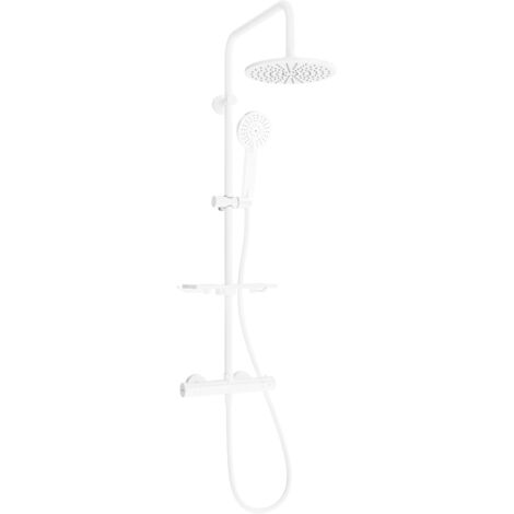 Mexen – Colonne de douche thermostatique avec pomme de tête 220mm – Finition blanche – Robinet en laiton – Longueur flexible 150cm – 77150409320