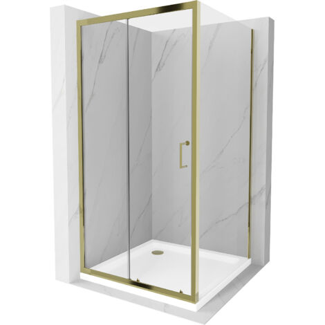 Mexen Apia cabine de douche coulissante 100 x 100 cm, transparent, or + receveur plat, blanc - 840-100-100-50-00-4010G