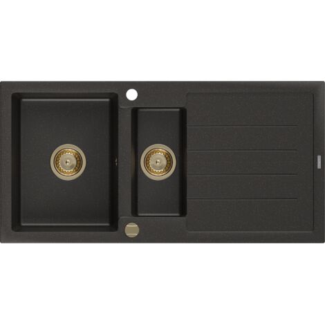 Mexen Andres évier en granit à 1,5 cuvette avec égouttoir 1000 x 500 mm Noir/Or métallique, siphon Or - 6515101510-75-G (1/5)