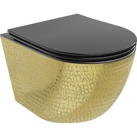 Mexen Lena cuvette WC sans bride avec siège slim et système de descente douce, en duroplast, noir mat/or - (schu)