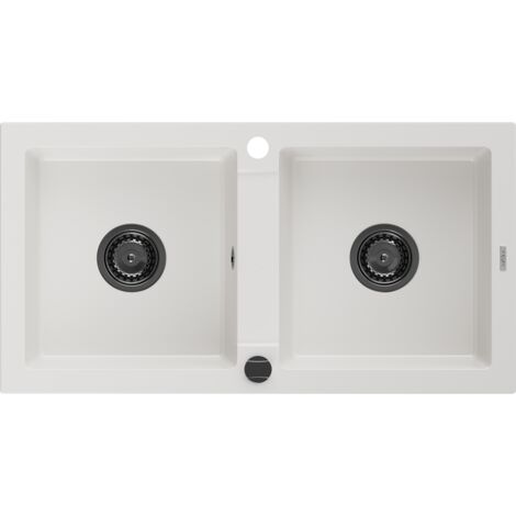 Mexen Mario évier en granit à 2 cuves 820 x 436 mm, Blanc, siphon Noir - 6504822000-20-B (1/5)