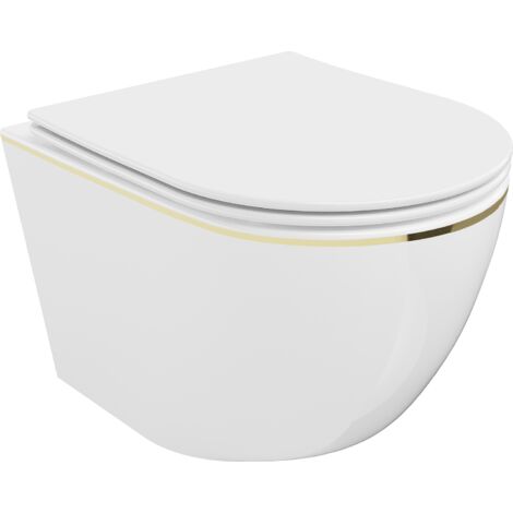 Mexen Lena cuvette WC sans bride avec siège slim et système de descente douce, en duroplast, blanc/or lignes - 302