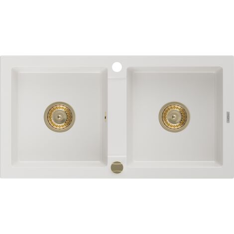 Mexen Mario évier en granit à 2 cuves 820 x 436 mm, Blanc, siphon Or - 6504822000-20-G
