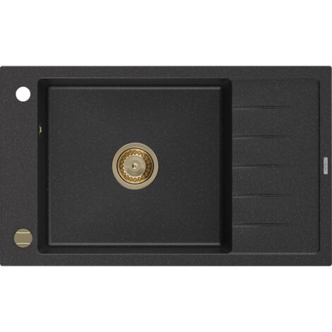 Mexen Elias évier en granit à 1 cuve avec égouttoir 795 x 480 mm, Noir/ Argent métallique, siphon Or - 6511791005-73-G (1/5)