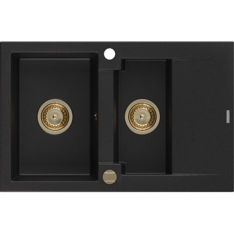 Mexen Gaspar évier en granit à 1,5 cuvette avec égouttoir 737 x 475 mm, Noir, siphon Or - 6507731505-77-G (1/5)