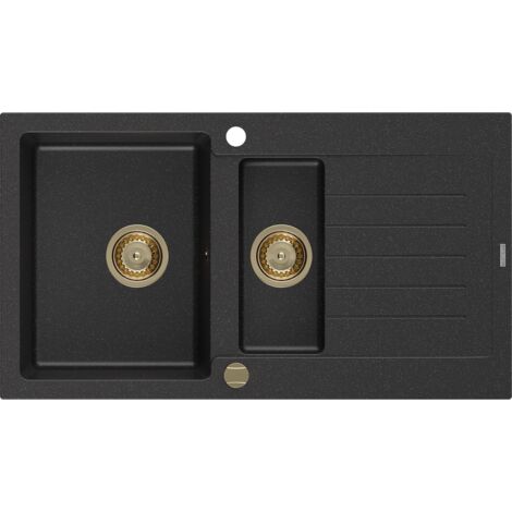 Mexen Matias évier en granit à 1,5 cuvette avec égouttoir 900 x 505 mm, Noir/ Argent métallique, siphon Or - 6502901505-73-G (1/5)