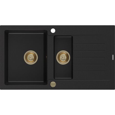 Mexen Matias évier en granit à 1,5 cuvette avec égouttoir 900 x 505 mm, Noir, siphon Or - 6502901505-77-G