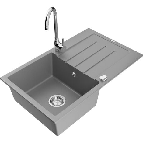 Mexen Bruno évier en granit 1 bac avec égouttoir et robinet de cuisine Telma, gris - 6513-71-670200-00 (1/5)