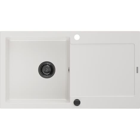 Mexen Leo évier en granit à 1 cuve avec égouttoir 900 x 500 mm, Blanc, siphon Noir - 6501901010-20-B (1/5)