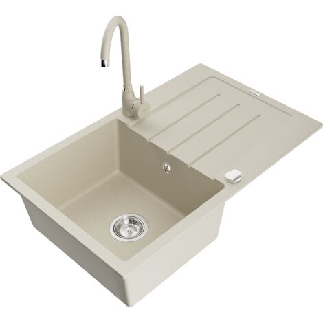 Mexen Bruno évier en granit 1 bac avec égouttoir et robinet de cuisine Telma, beige - 6513-69-670200-69 (1/5)